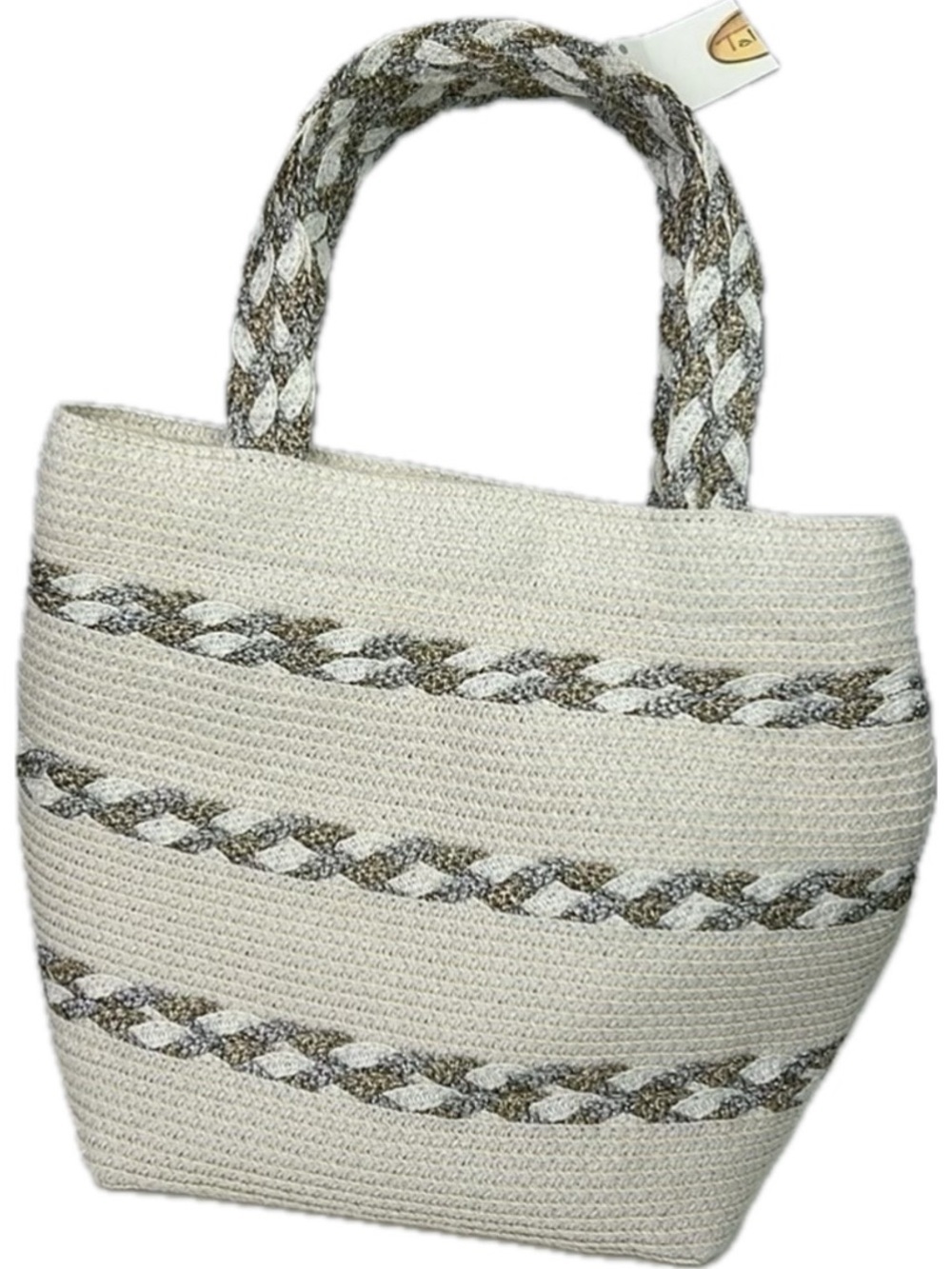 NWT Talbots White Woven Tote Bag with Silver and Gold Details